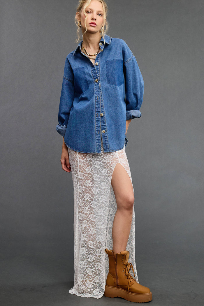 Buttoned Denim Shirt with Contrast Pocket Detail