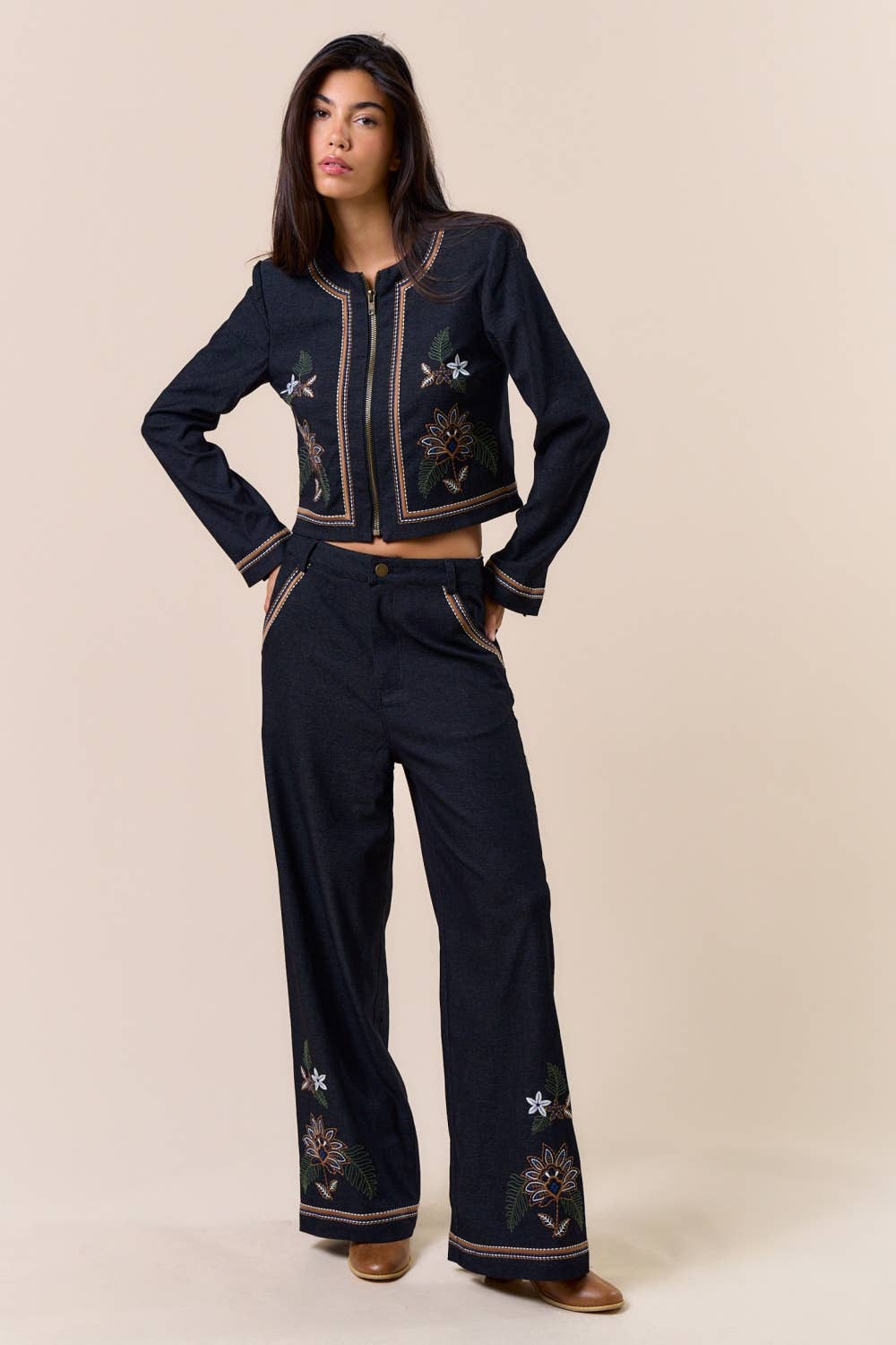 Threaded Edge Embroidered Denim Jacket