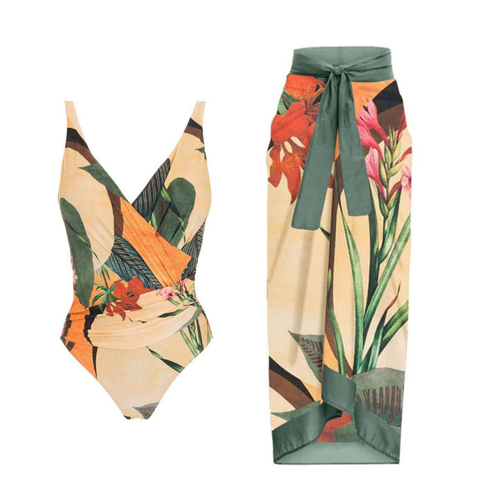 Open Back Wrap Front One Piece Swimsuit with Cover Up Y107