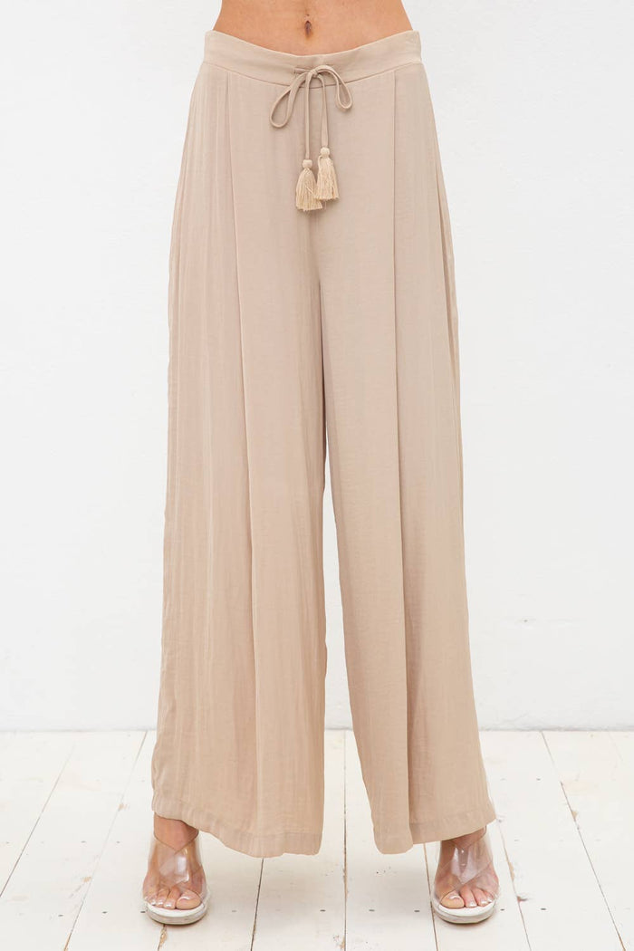 Satin Pleated Wide Leg Tassel Tie Pants