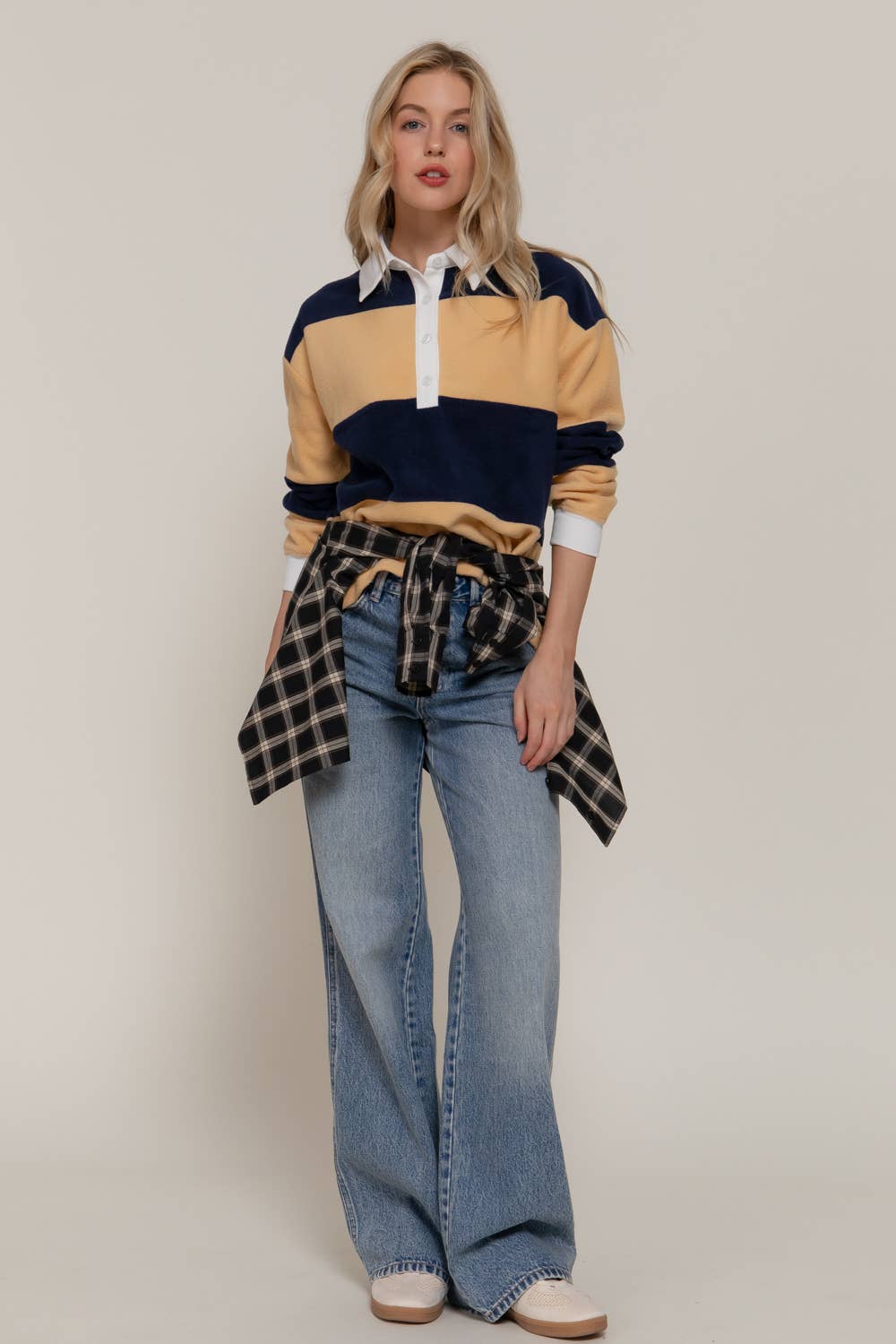 Long Sleeve Rugby Stripe Fleece Polo Top