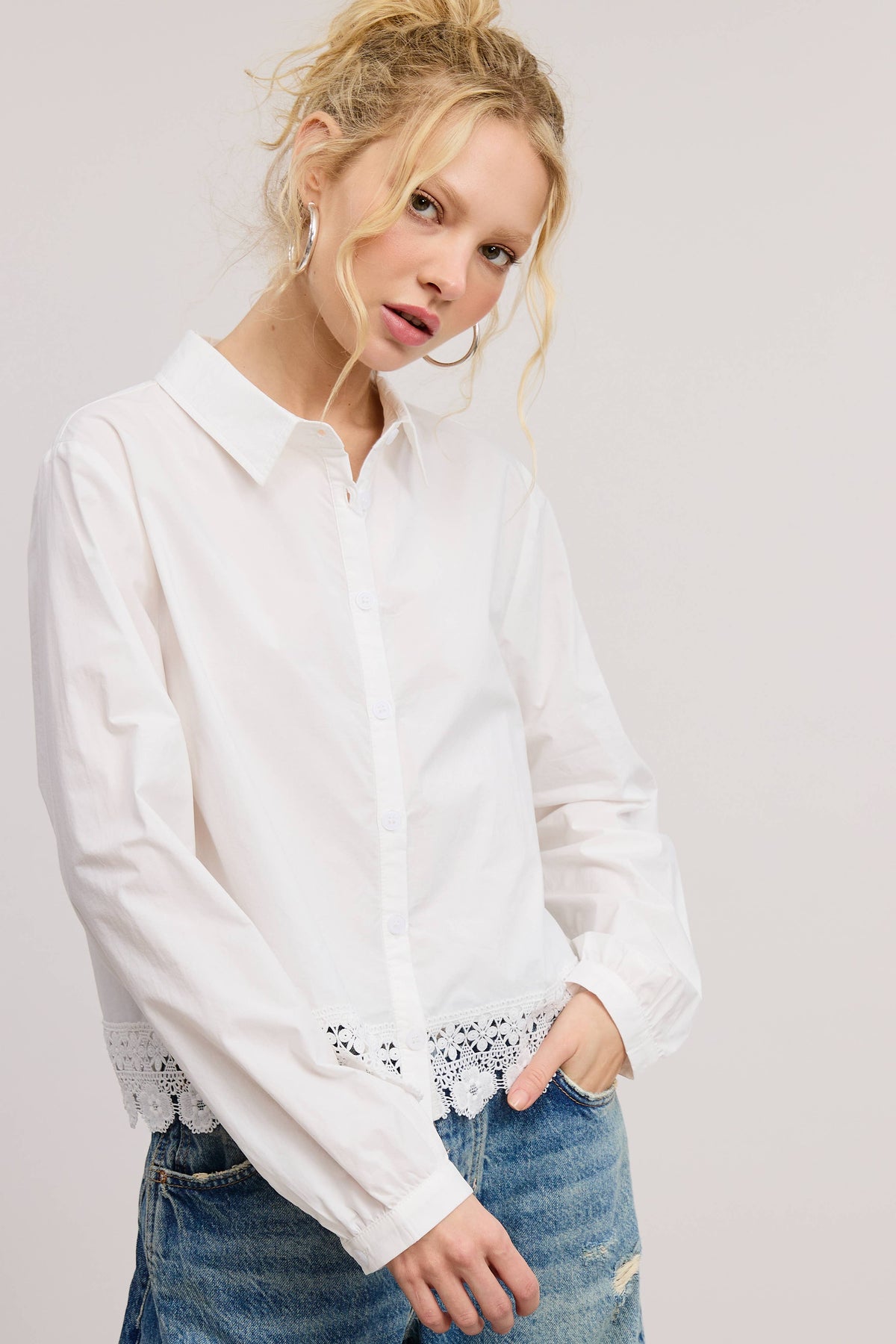 Eyelet Embroidery Trim Detail Collared Blouse