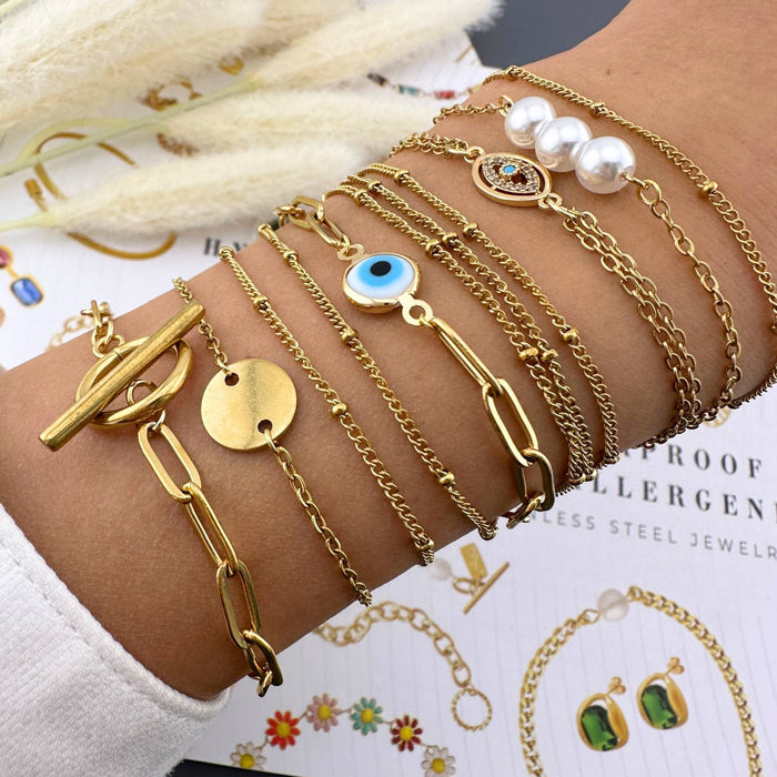 Evil Eye Bracelet, 18K Gold Plated Steel