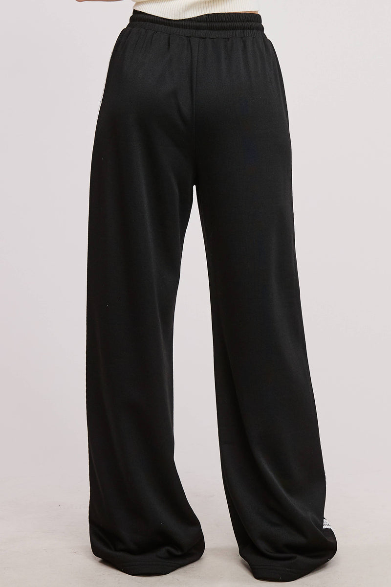 Lace Trim Wide Leg Track Pants with Drawstring Waist