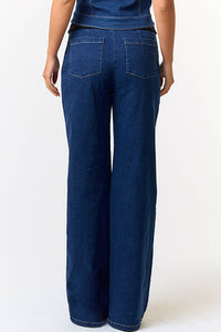 Foldover Contrast Waist Button Up Denim Pants