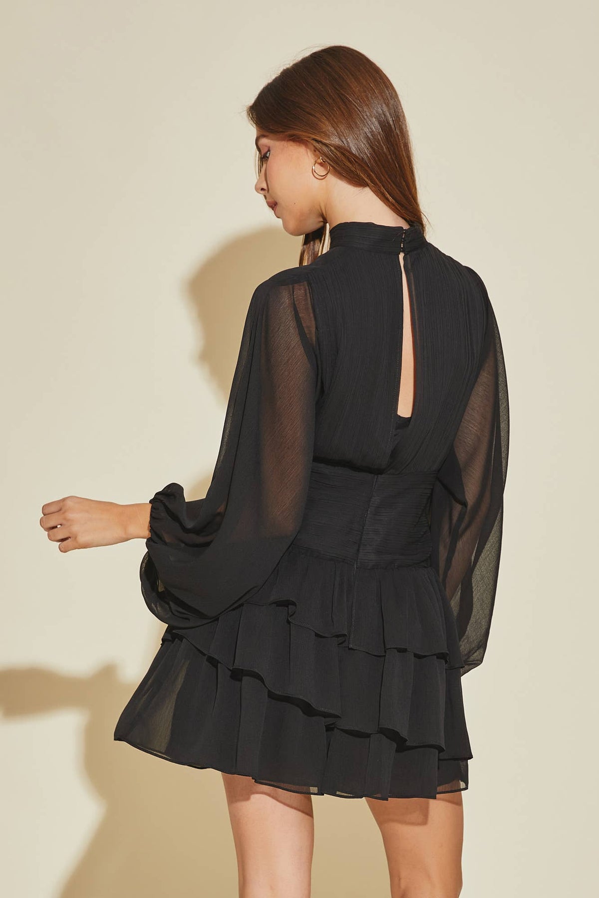 PLEATED TIERED DRESS- BLACK