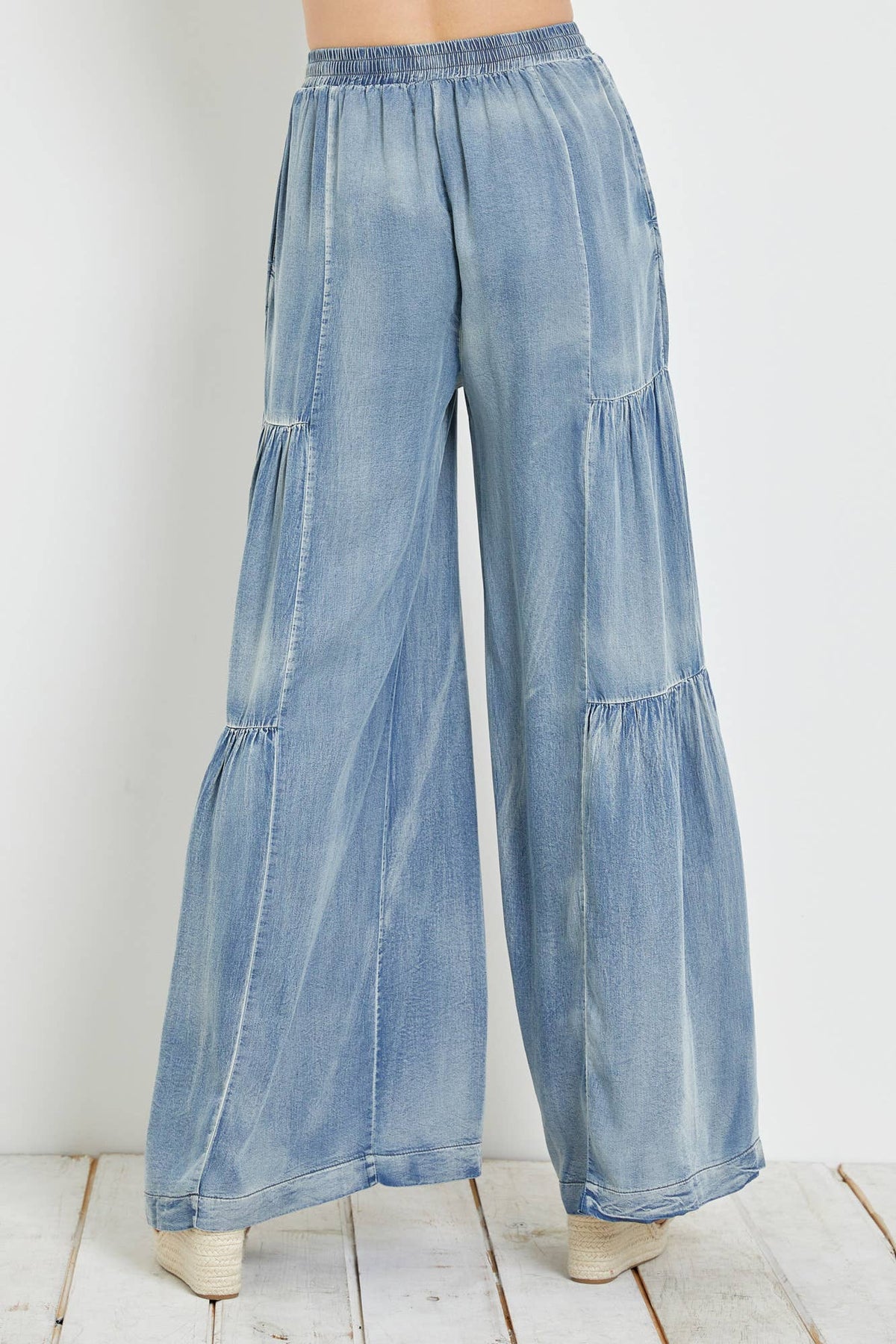 RUFFLED SIDE WASHED DENIM WIDE PANTS