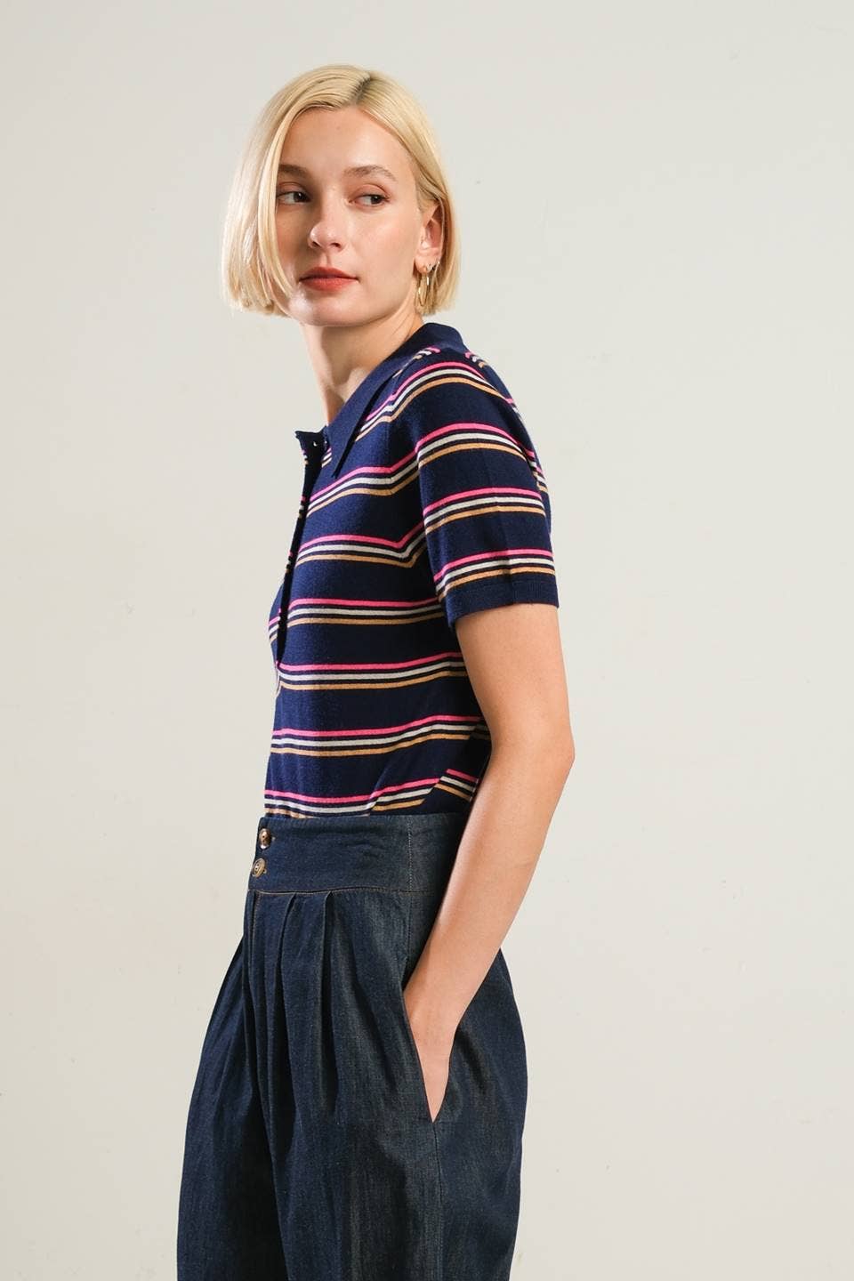 A Stripe Button Down Polo Sweater Top - NAVY