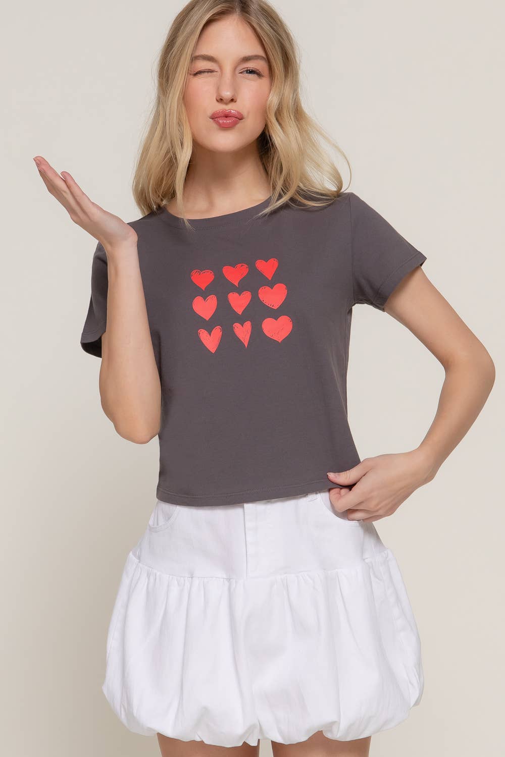 Short Sleeve Crew Neck Heart Printed Knit Tee