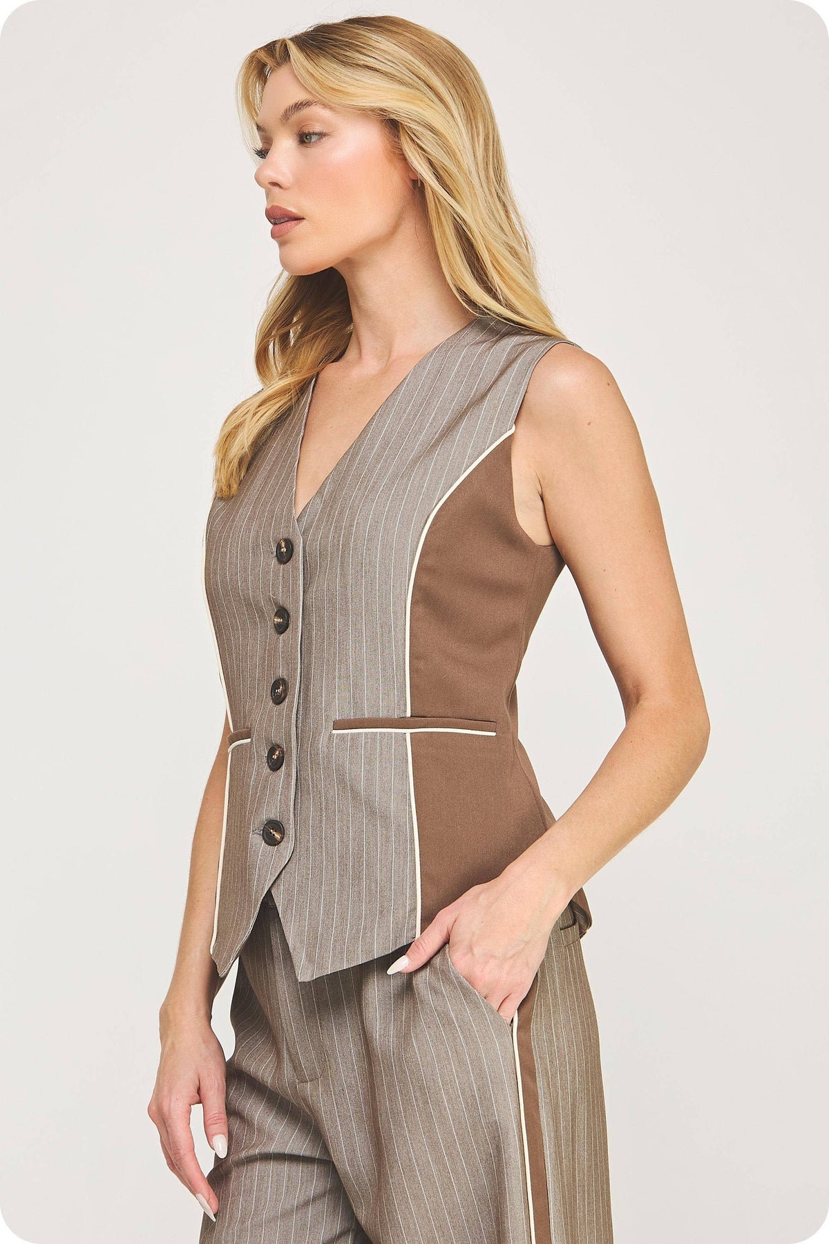 Pinstripe Mixed Media Piping Vest Top
