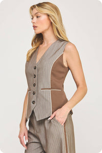 Pinstripe Mixed Media Piping Vest Top