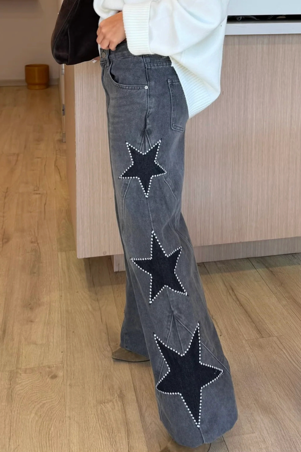 Women Casual  Star Print Wide Leg Denim Pants Jeans
