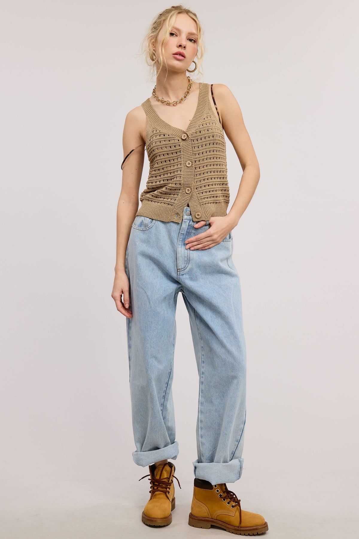 Punch Work Stitch Knit Tank Top
