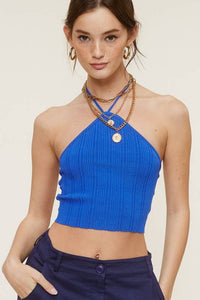Solid Ribbed Knit Open Back Tie Halter Tank Top