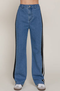 Side Contrast Straight Fit Denim Pants