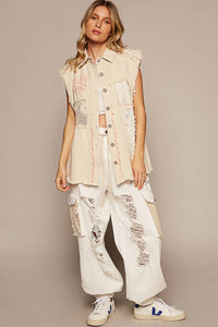 Oversized Sleeveless crochet lace floral patch Denim Vest