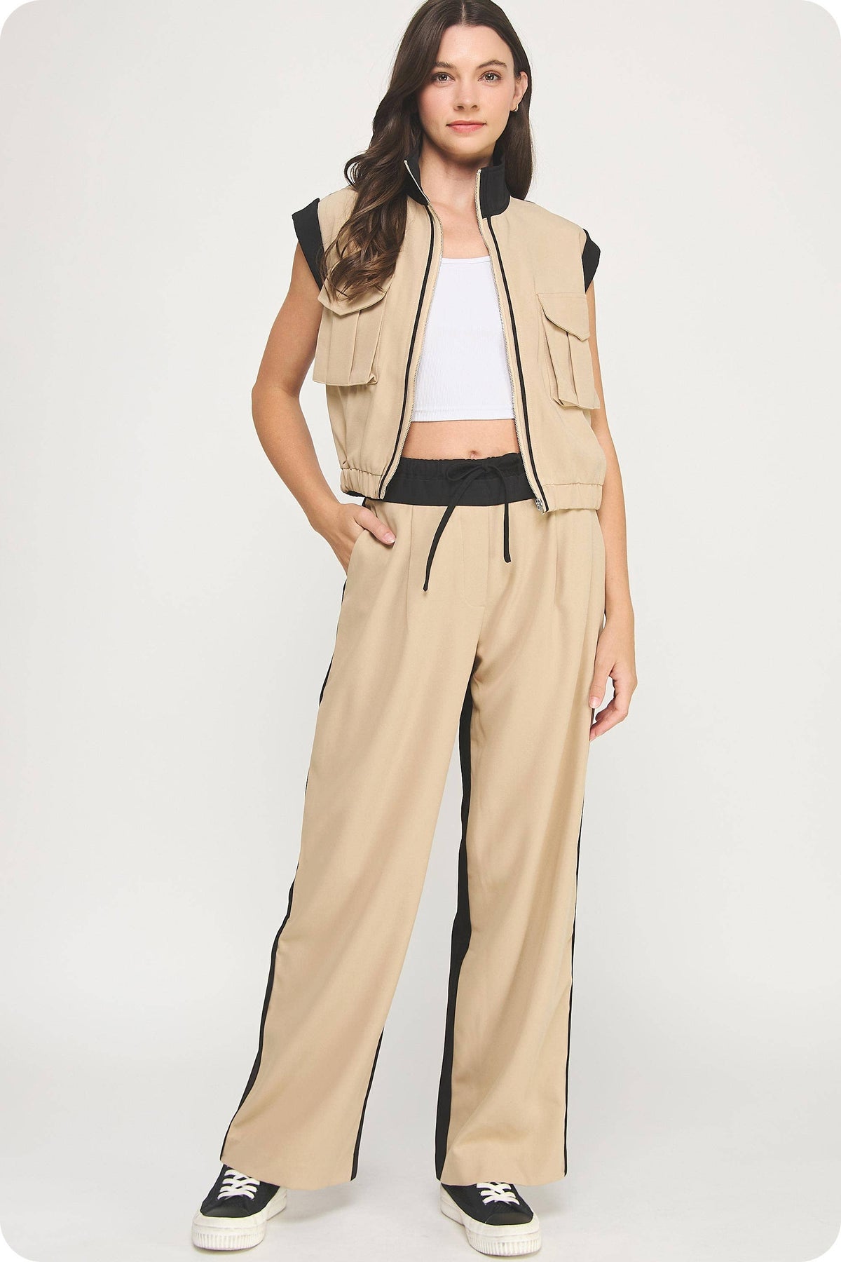 Contrast Waist Band Color Block Wide Leg Pants