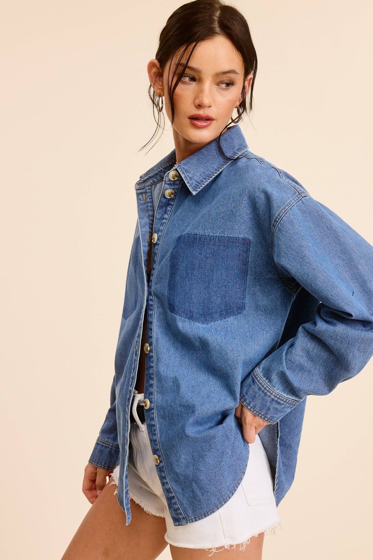 Buttoned Denim Shirt with Contrast Pocket Detail