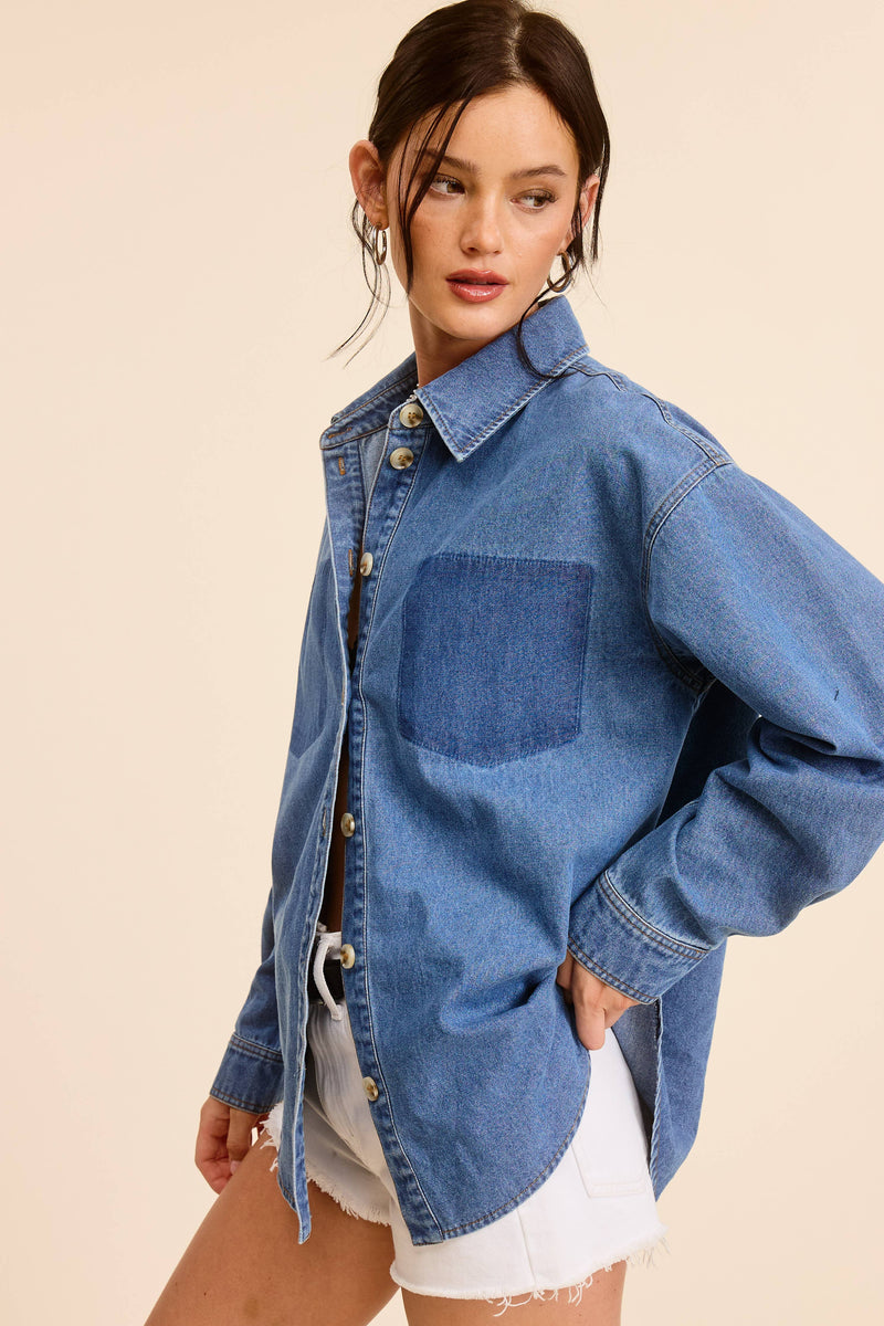 Buttoned Denim Shirt with Contrast Pocket Detail