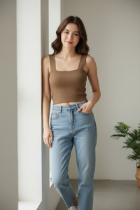 Solid Square Neck Sleeveless Knit Crop Top