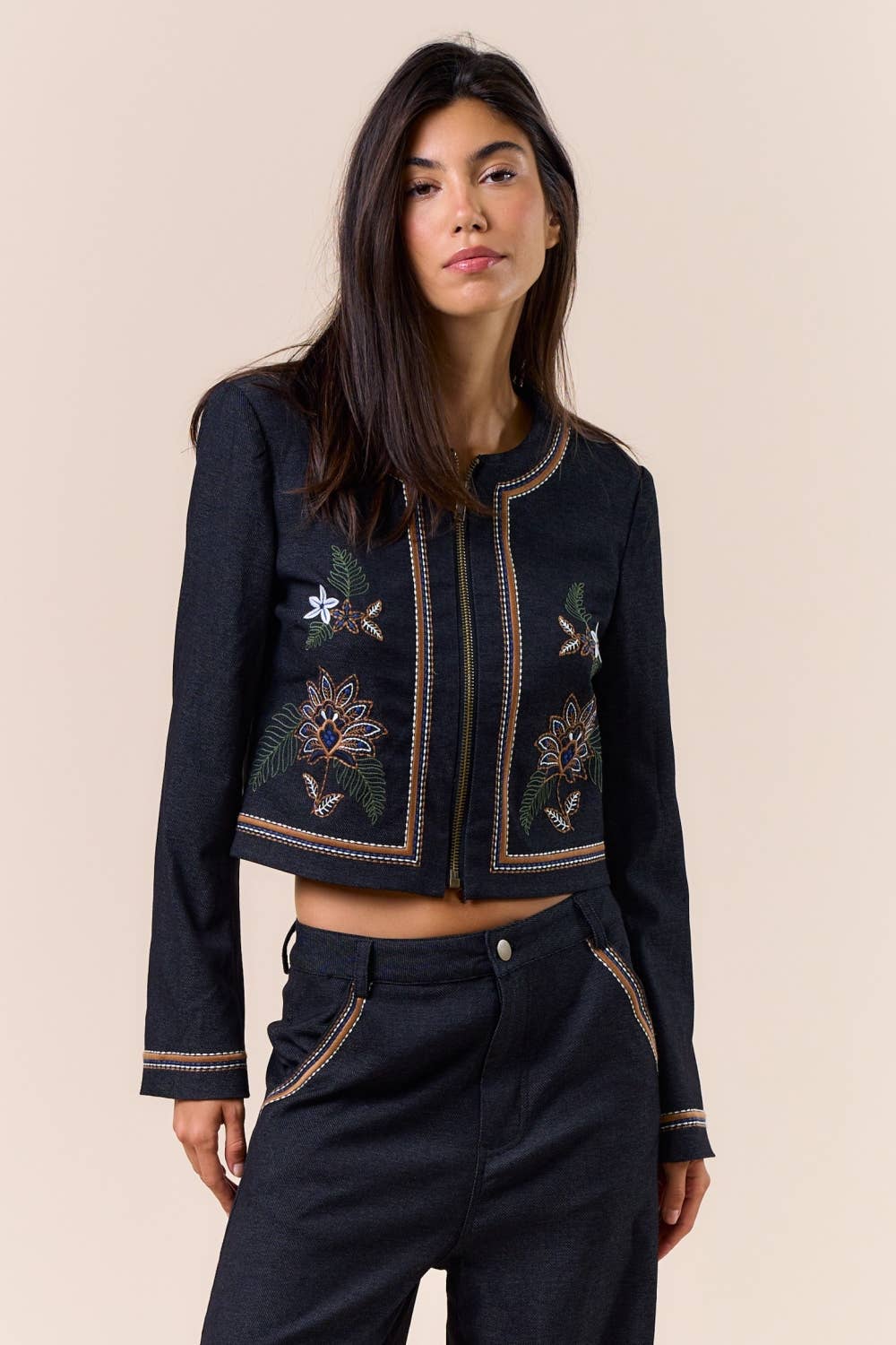 Threaded Edge Embroidered Denim Jacket