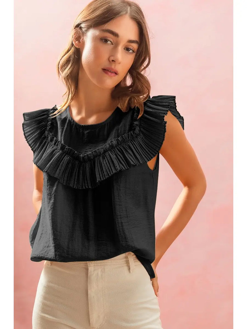 LINEN BLEND WOFEN PLEATED NECK TRIM BLOUSE TOP