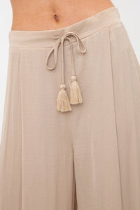 Satin Pleated Wide Leg Tassel Tie Pants