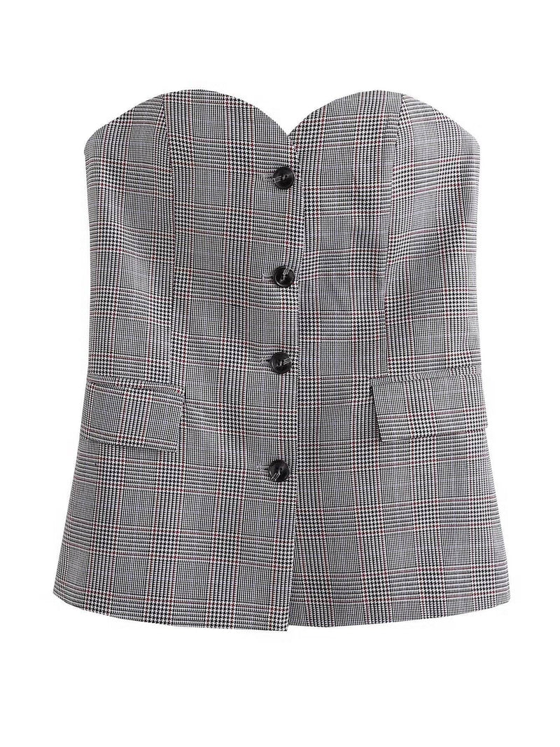 Solid Color Strapless Button Close-Fitting Top