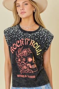 Graphic Print Rhinestone with Pearl Trim Top