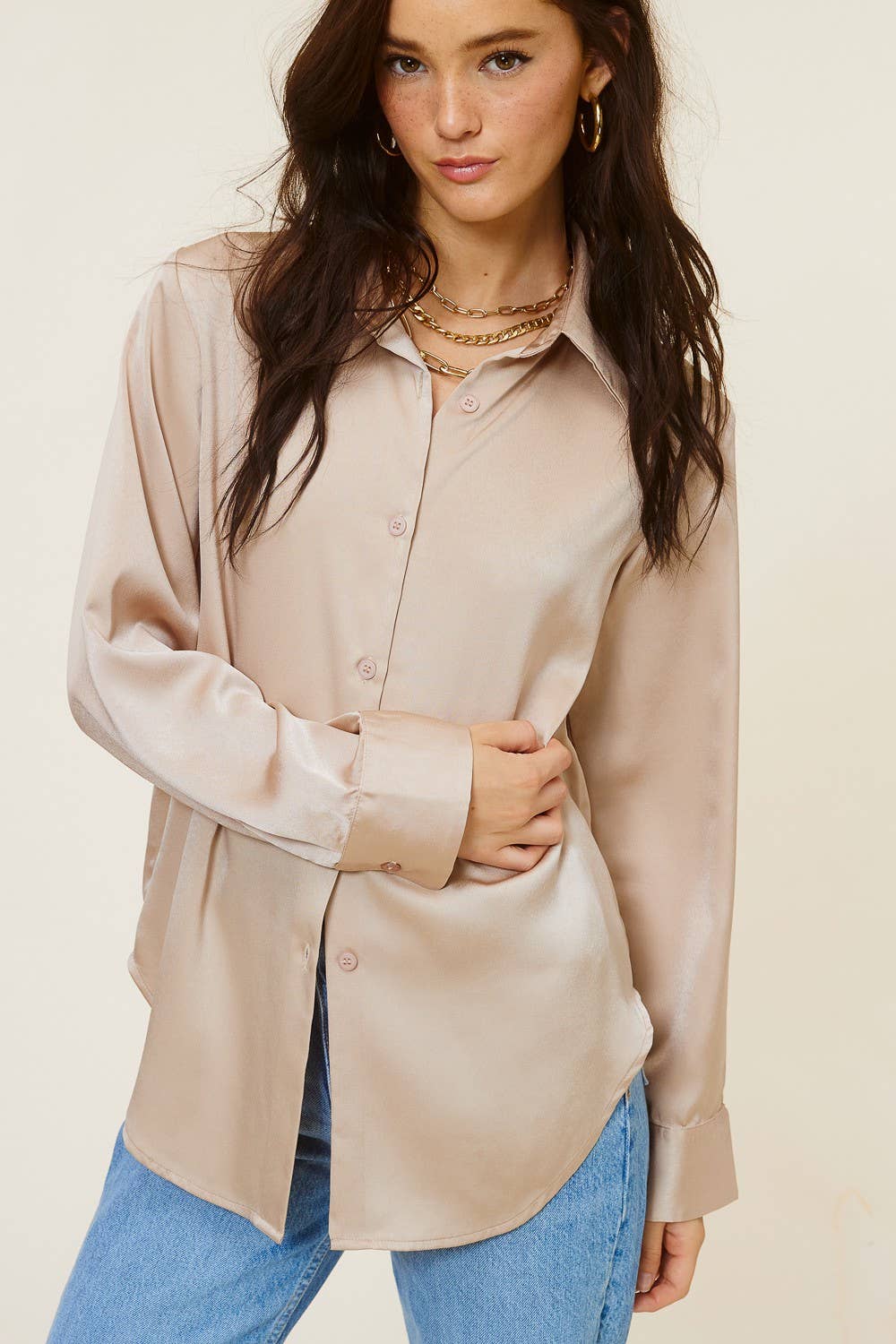 Collared Solid Satin Button-Down Long Sleeve Blouse