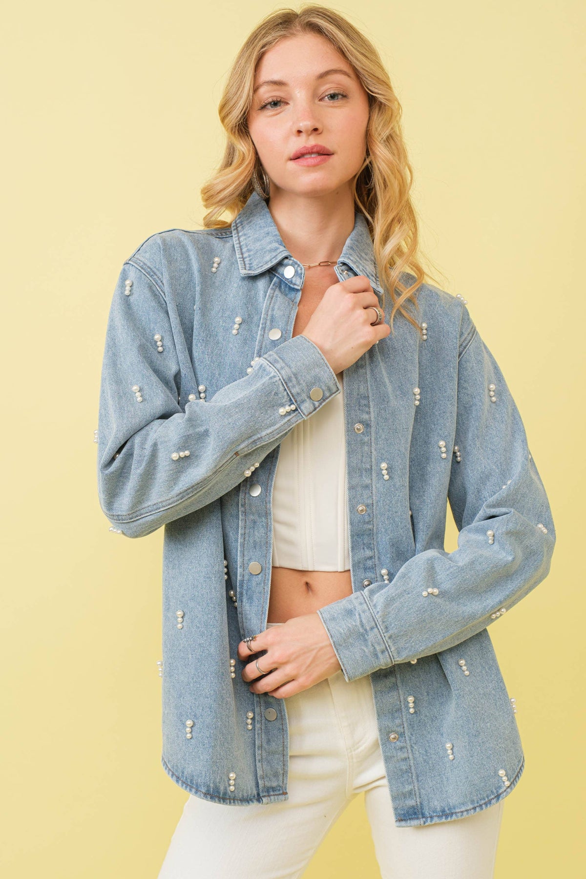Garment Washed Denim Pearl Shirt Jacket