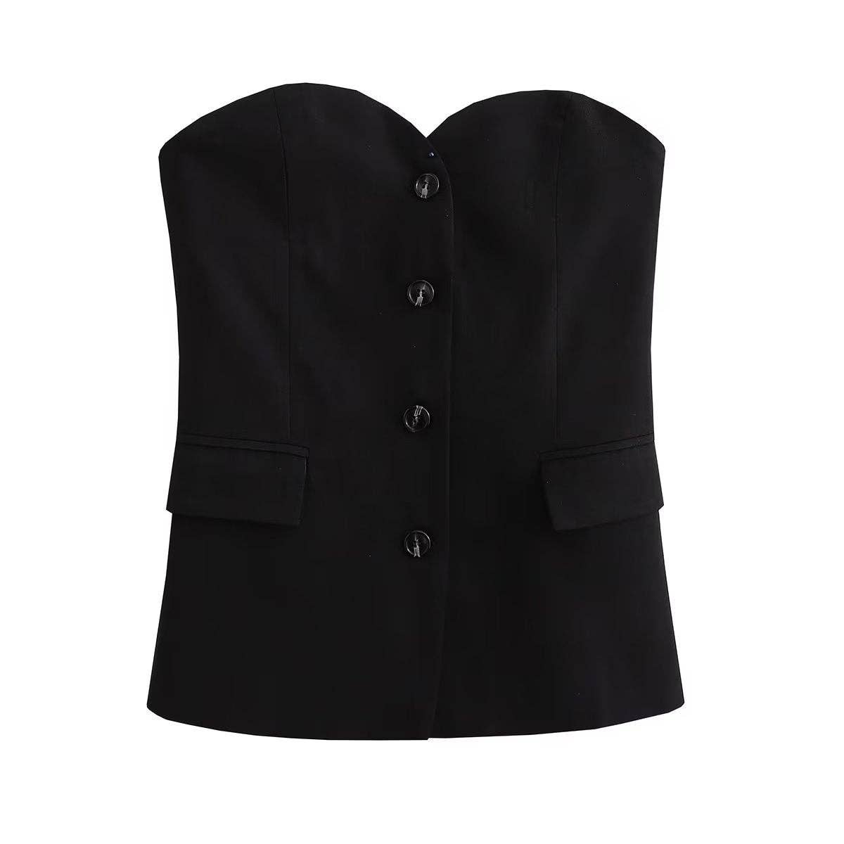 Solid Color Front Button Linen Tube Top