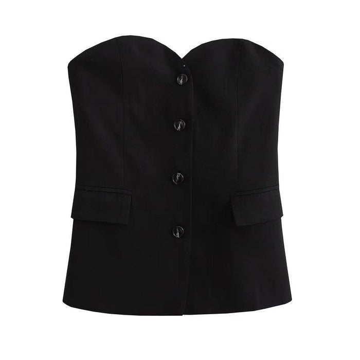 Solid Color Front Button Linen Tube Top