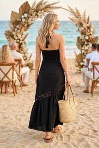 Cutwork Lace Trimmed Maxi Dress W/Halter Neckline