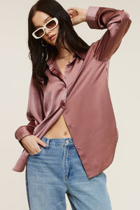 Collared Solid Satin Button-Down Long Sleeve Blouse