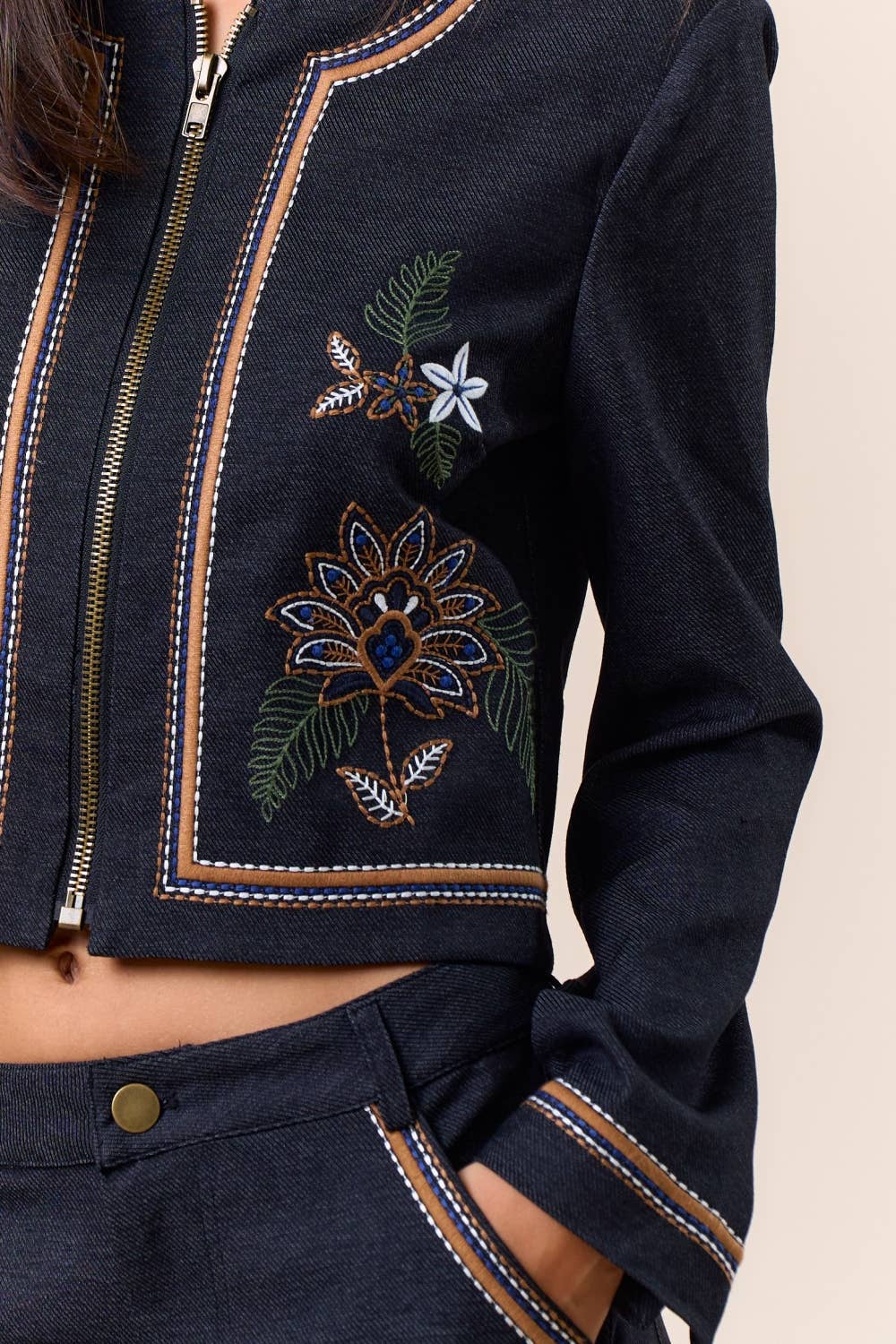 Threaded Edge Embroidered Denim Jacket