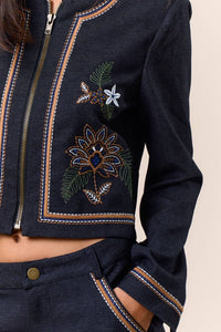 Threaded Edge Embroidered Denim Jacket
