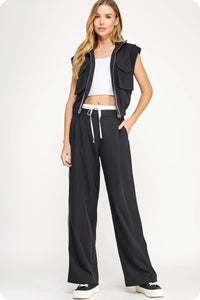Piping Detail Satin Waistband Contrast Wide Leg Pants