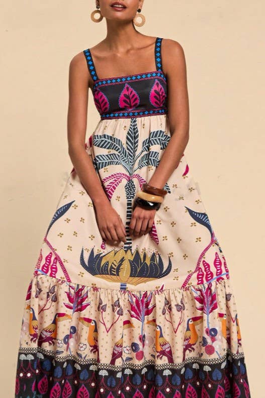 Bohemia Tropical Totem Print Strappy Flare Dress