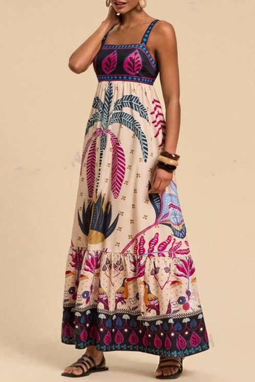 Bohemia Tropical Totem Print Strappy Flare Dress