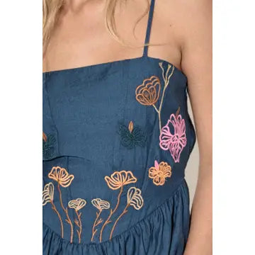 Floral Embroidered Corset Bodice Mini Dress- Blue