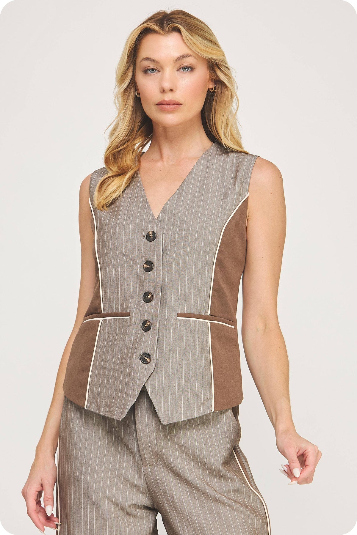Pinstripe Mixed Media Piping Vest Top