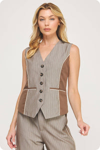 Pinstripe Mixed Media Piping Vest Top