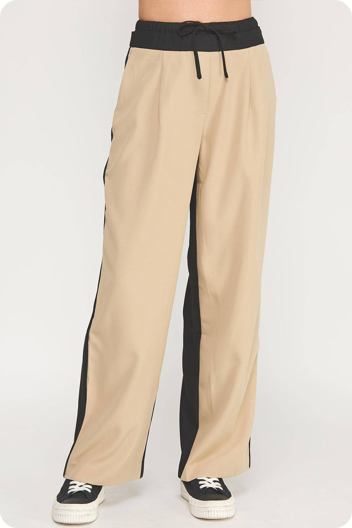 Contrast Waist Band Color Block Wide Leg Pants
