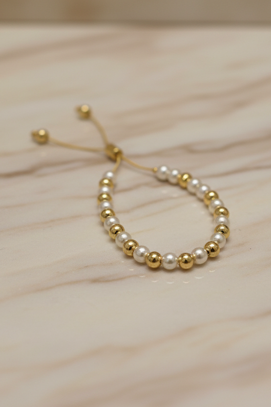 Adjustable Gold & Pearl Beads Bracelet