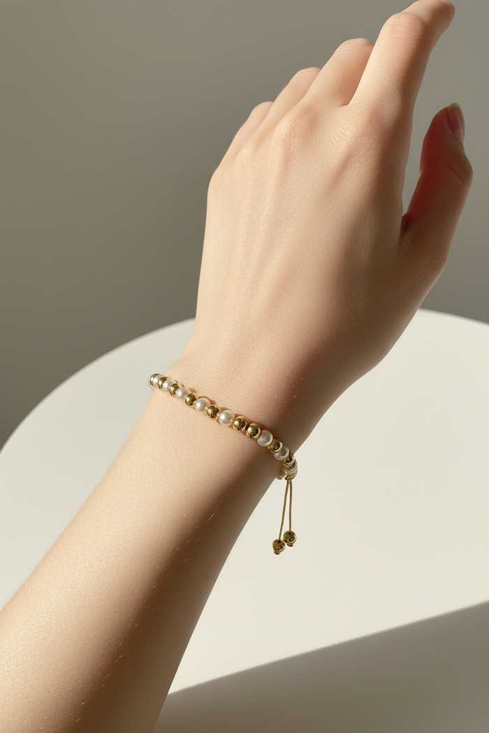 Adjustable Gold & Pearl Beads Bracelet