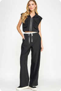 Piping Detail Satin Waistband Contrast Wide Leg Pants