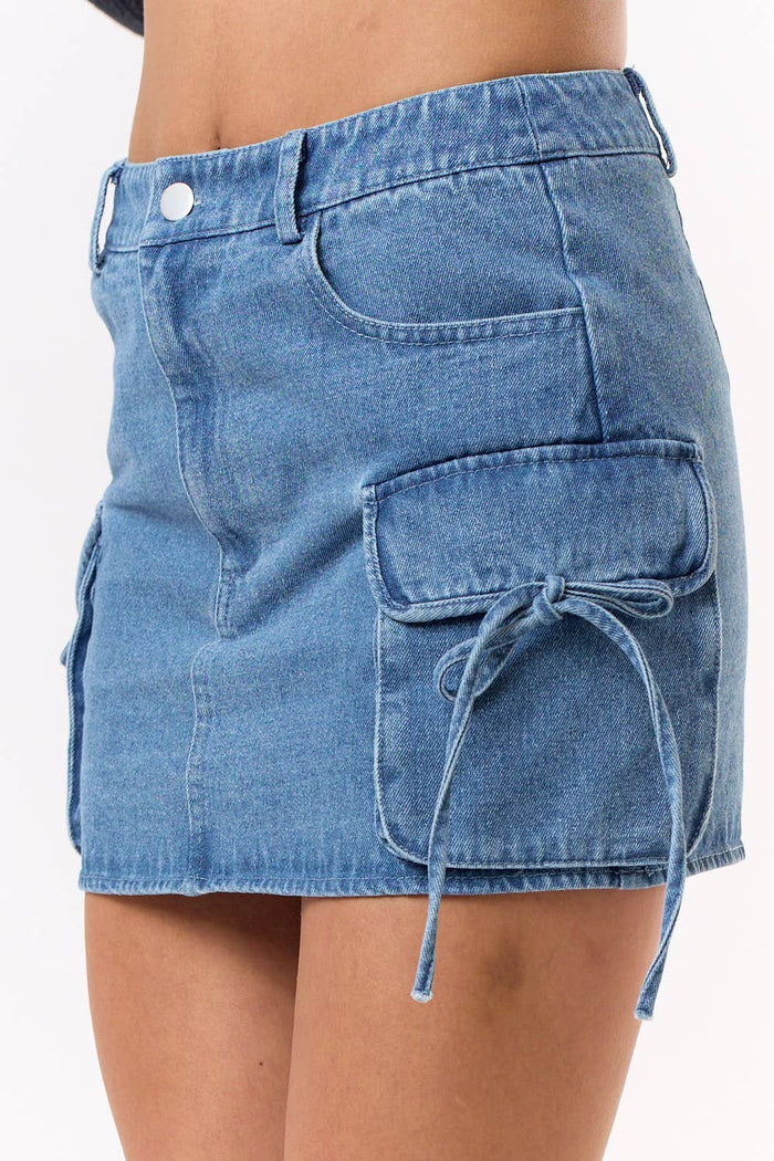 Bow Tie Denim Cargo Mini Skirt