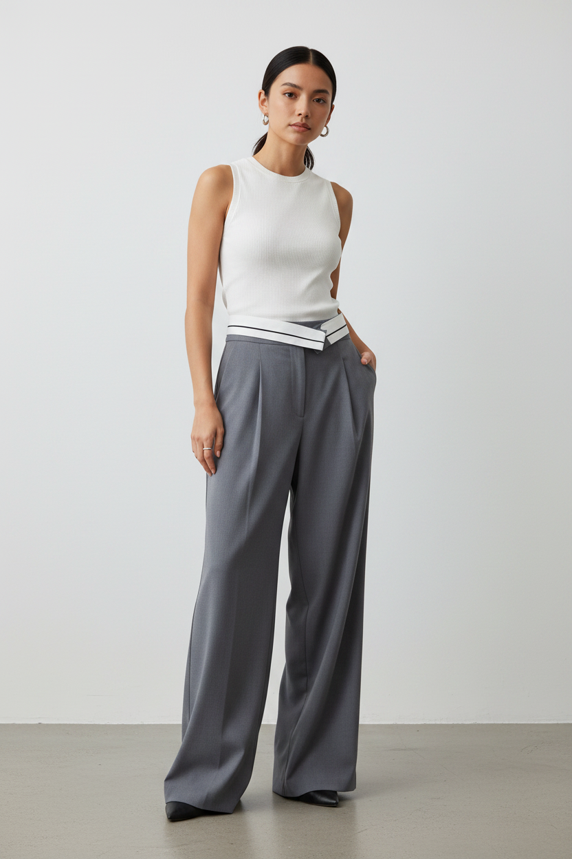 Gray Foldover Waist Wide Leg Pant