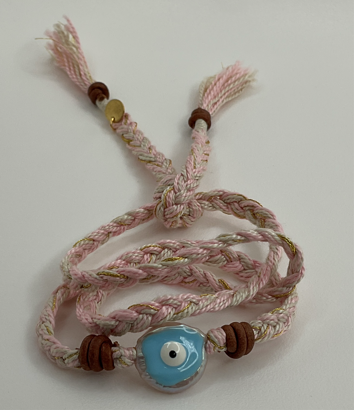 Thick Braided Light Pink W/ Blue Evil Eye